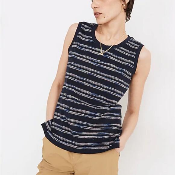 Madewell Blue Striped Crewneck Textured Muscle Tank Top Size Medium - Picture 1 of 7
